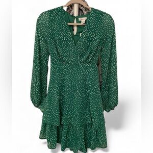 Japna NWT Green Long Sleeve Dress with White Polka Dots V Neck Flirty Short